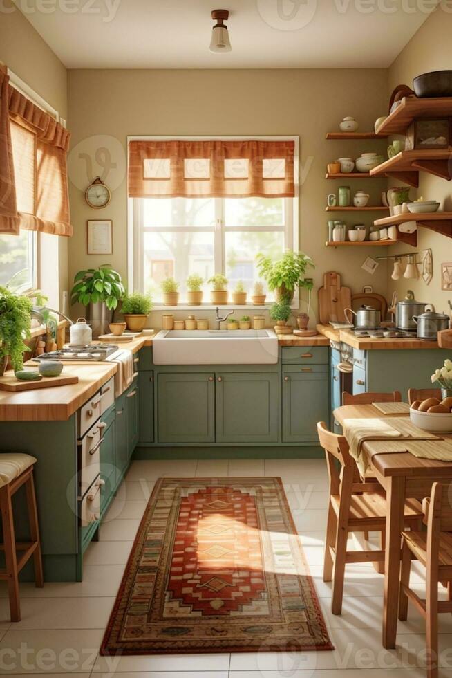 Modern decorated kitchen with windows photo