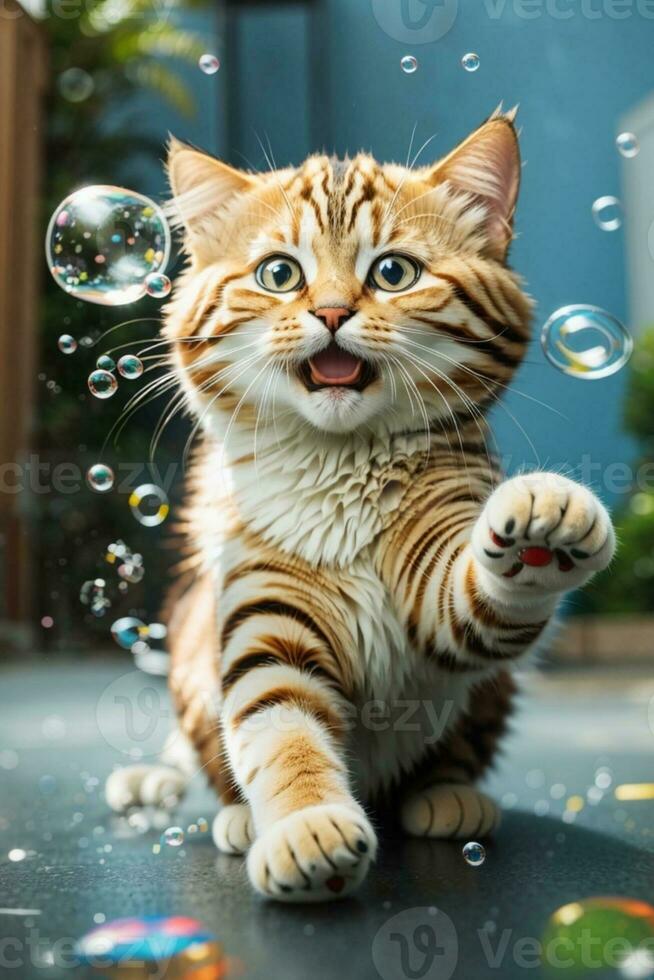 An adorable cat plays bubbles photo