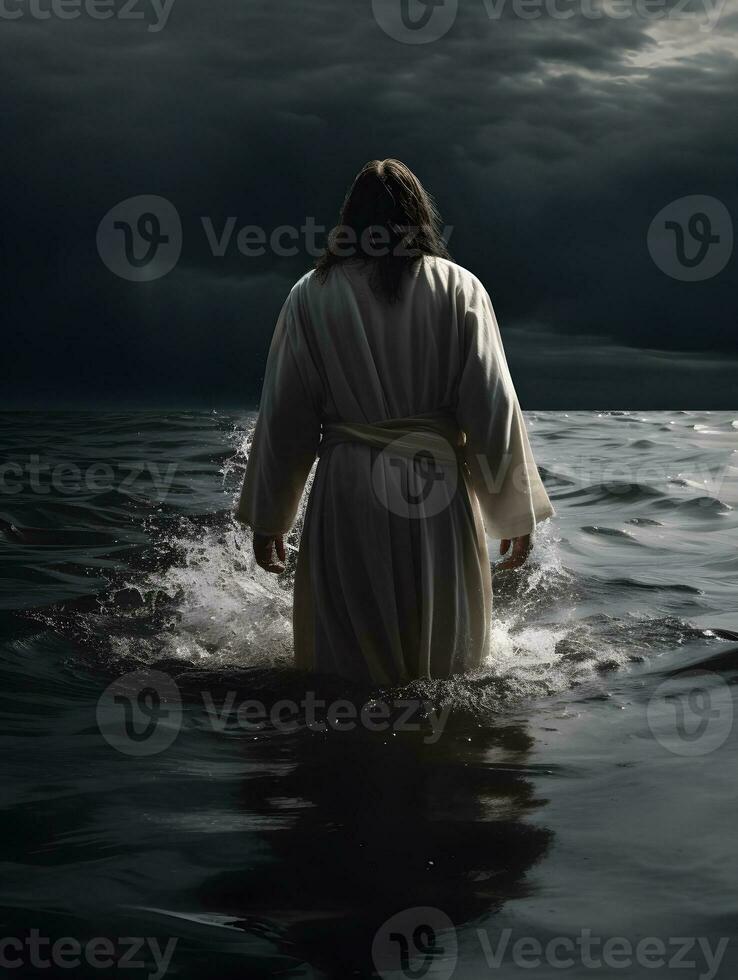 espalda ver de Jesús Cristo caminando en agua. ai generado foto