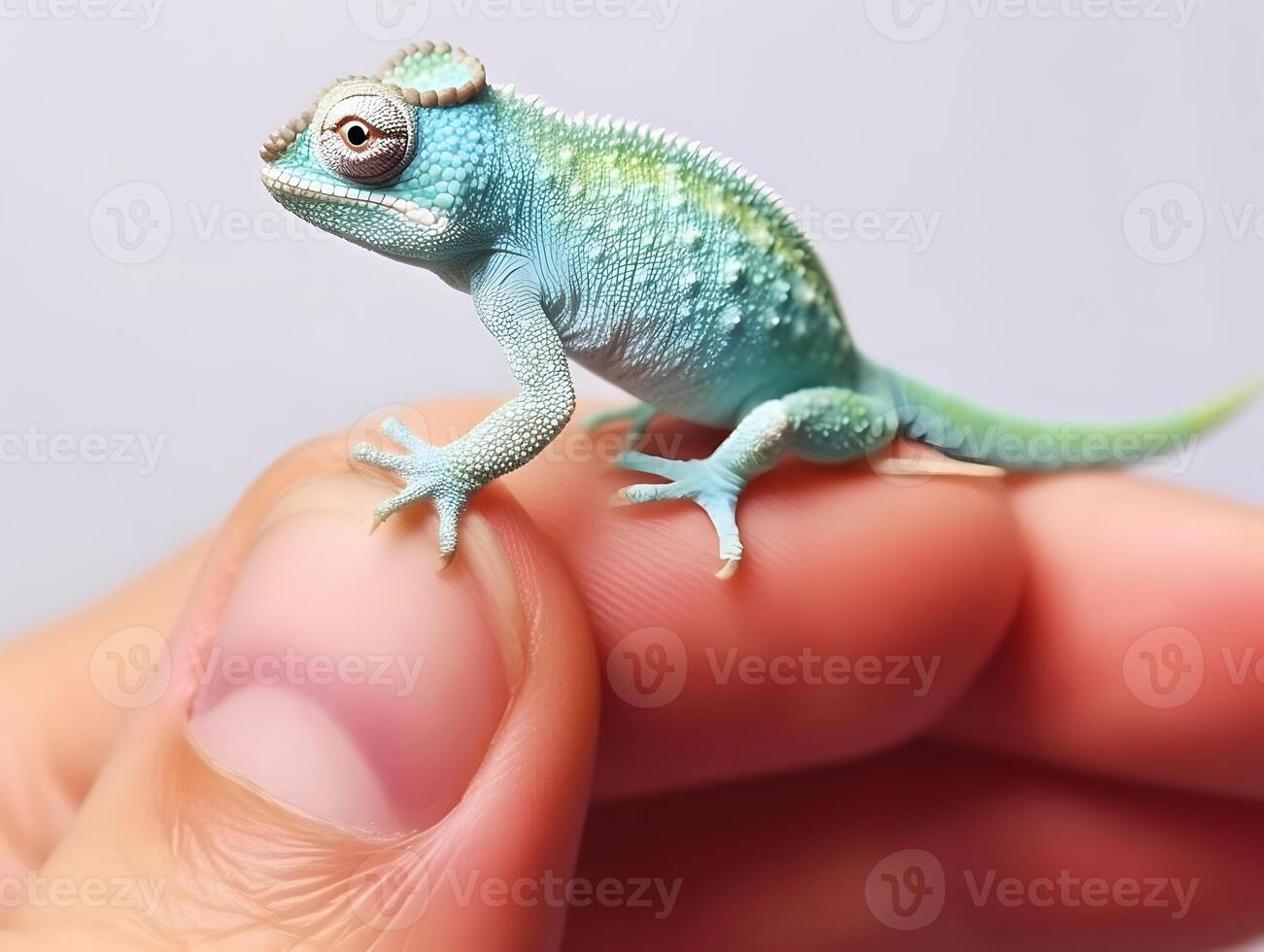 Baby chameleon resting on human finger. Lizard miniature. photo