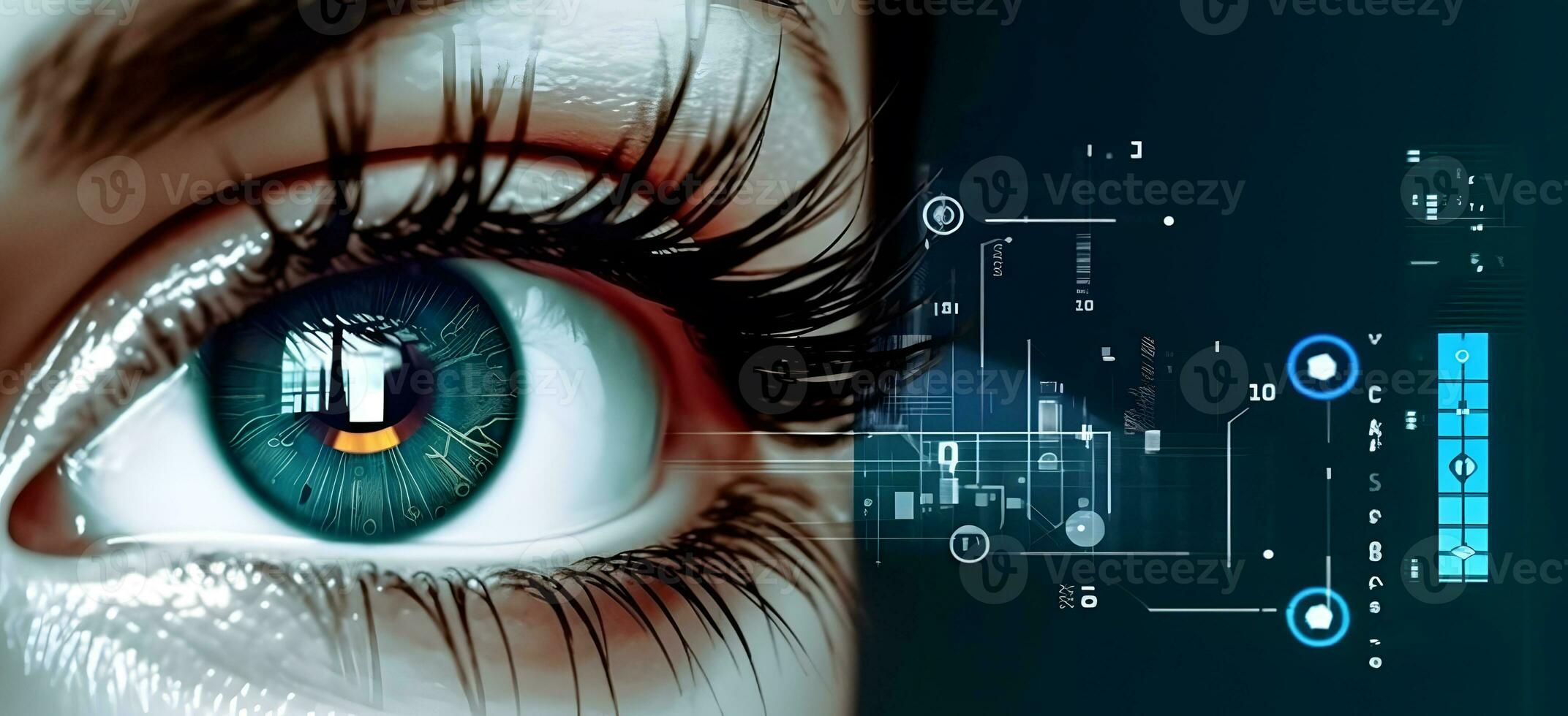 Woman eye with digital coding iris screen. Concept of iris recognition. AI generated photo