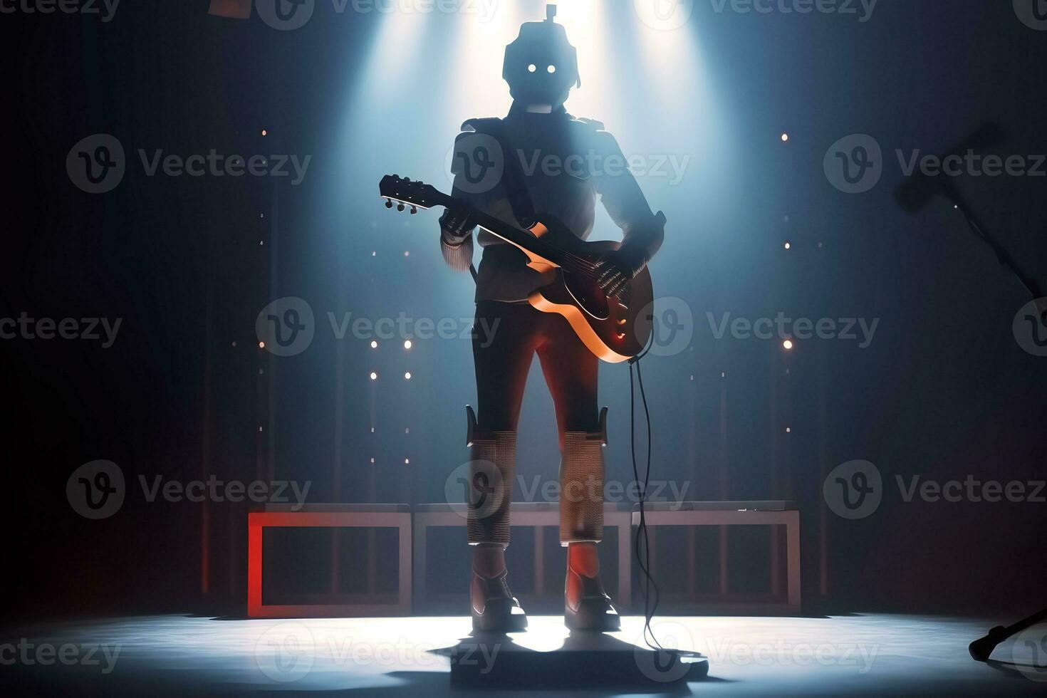 ai robot músico jugando guitarra. futurista entretenimiento en escenario. ai generado foto