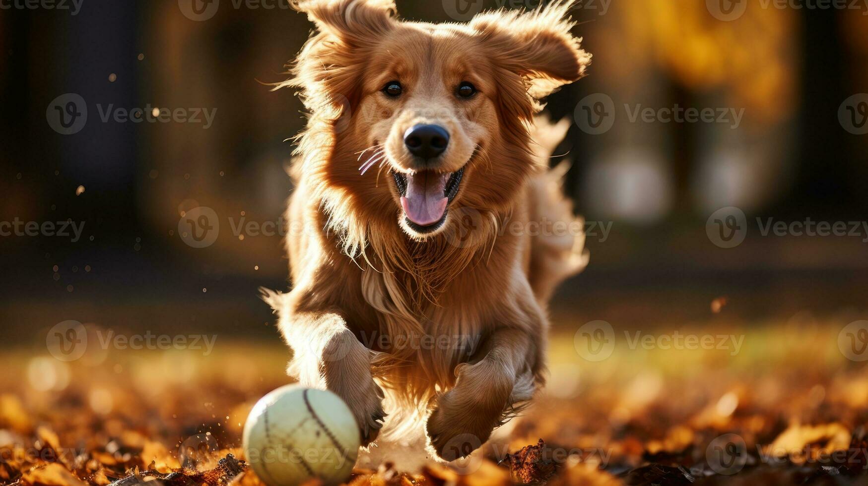 Dog plays with ball in autumn park photo