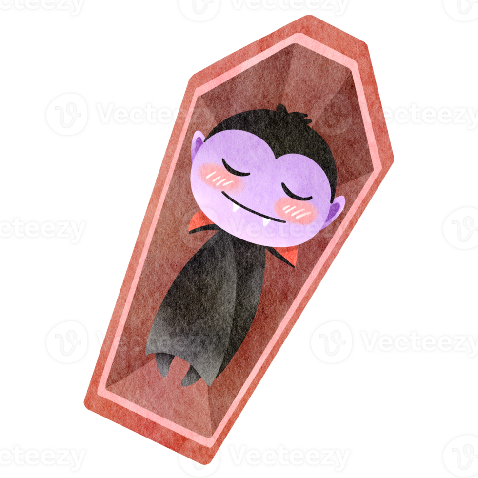 Watercolor cartoon vampire sleeping in coffin png