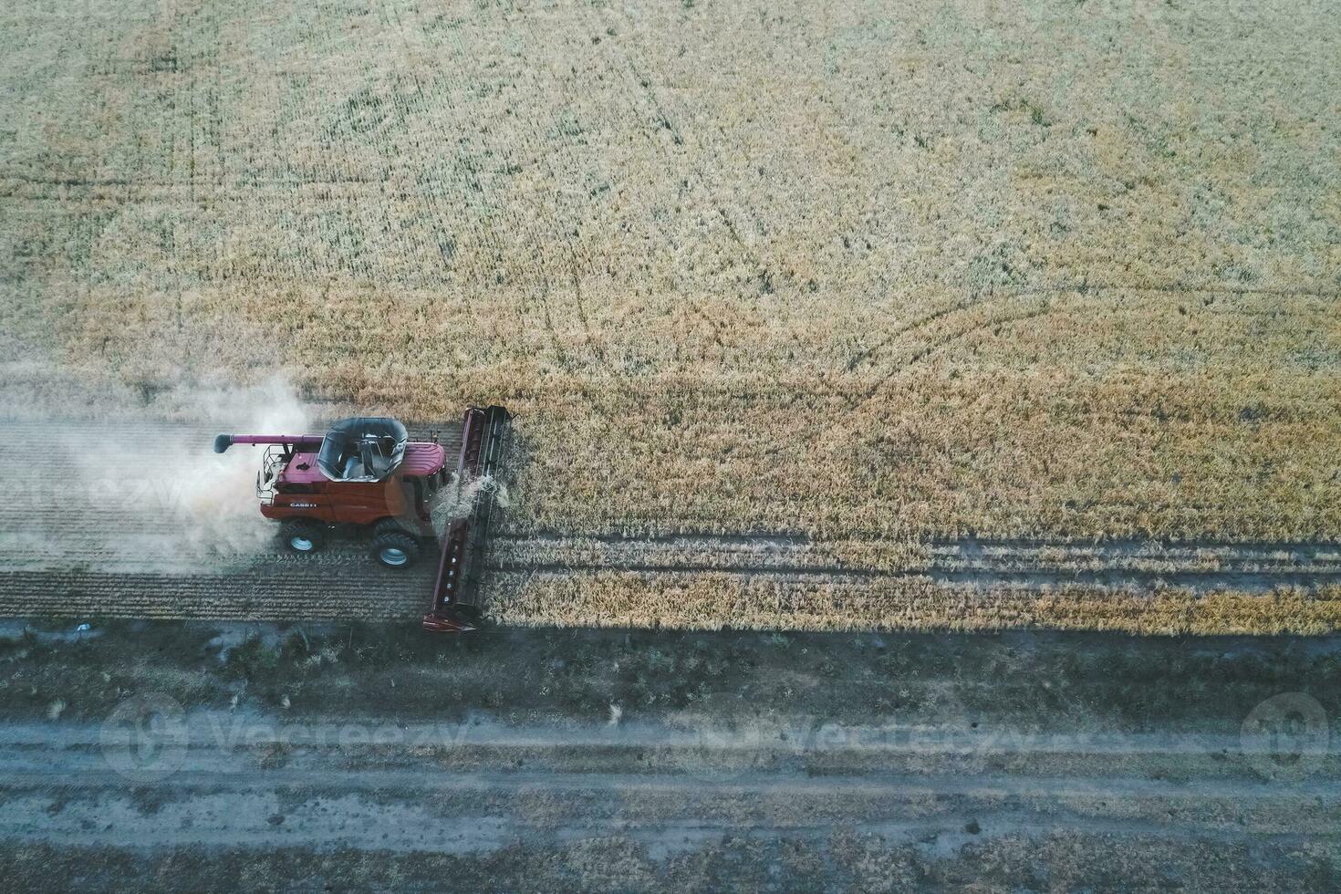Harvester in Pampas Countryside, aerial view, La Pampa province, Argentina. photo