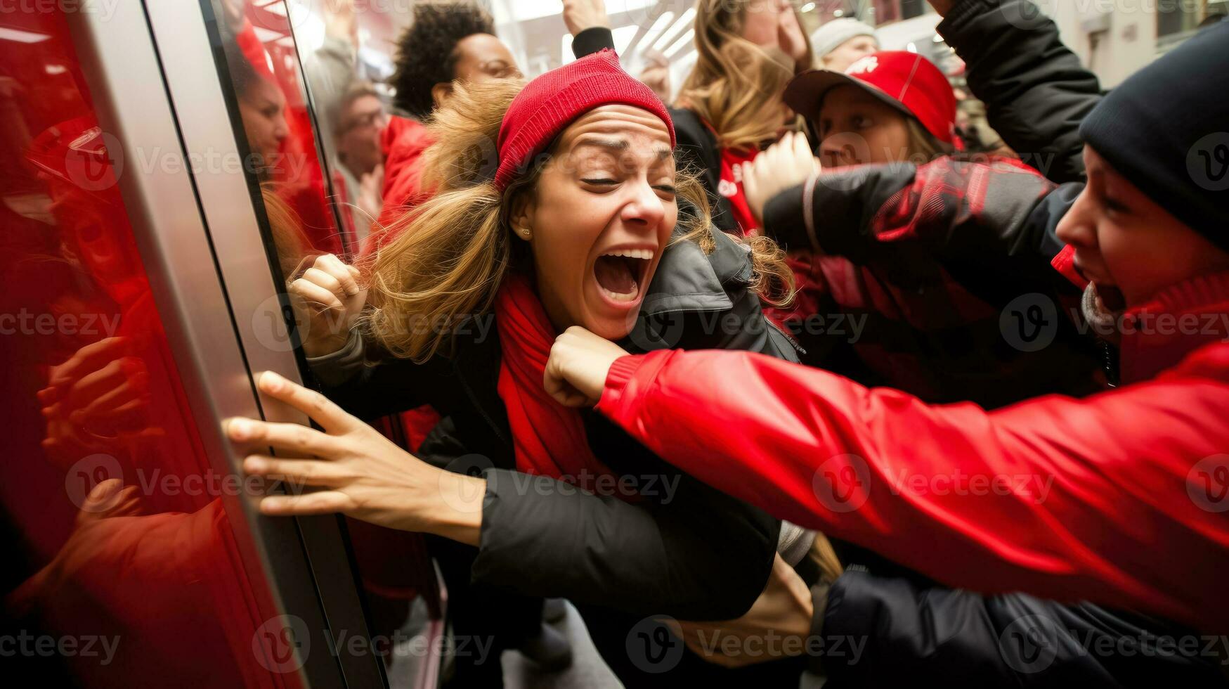 Frenzied shoppers rushing into a store as the doors open on black friday photo