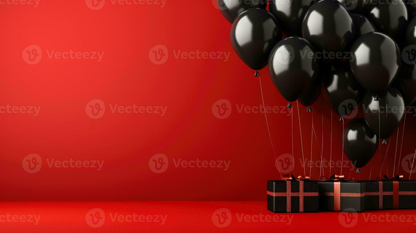 Black friday sale banner with dark shiny balloons on red background with place for text photo