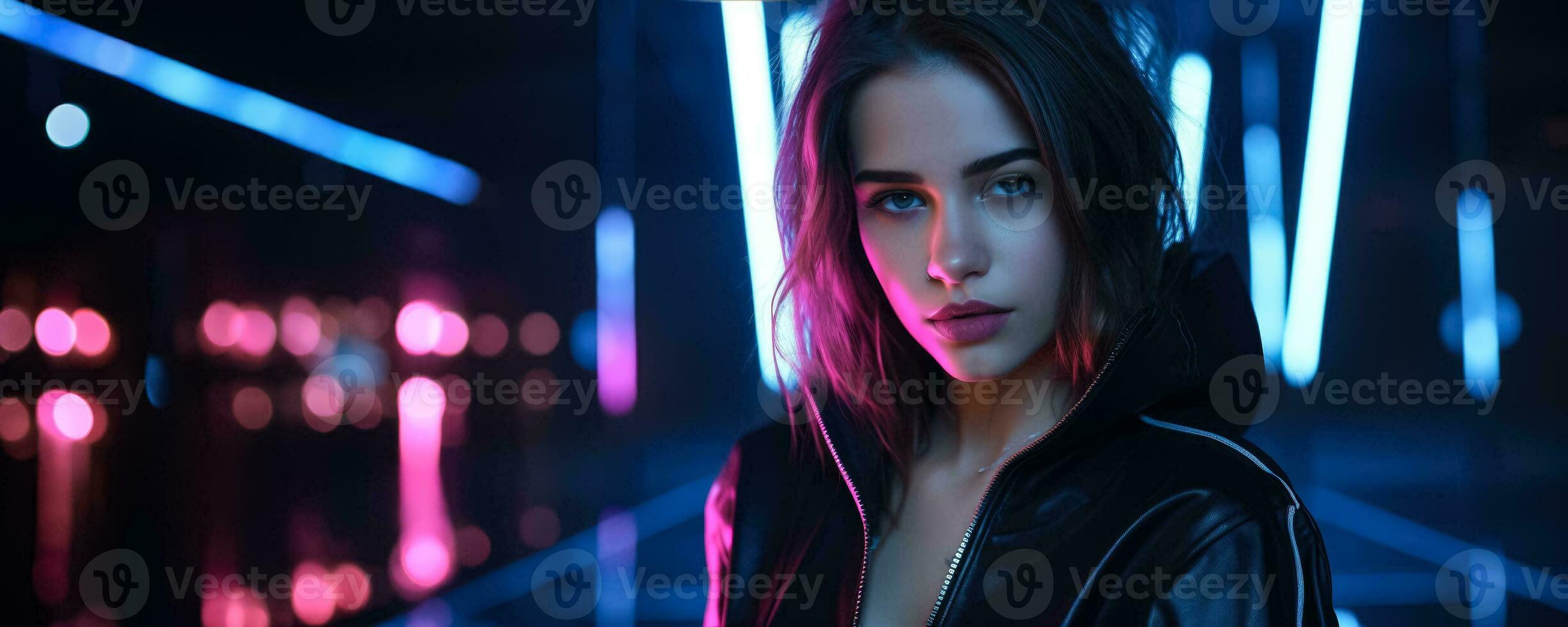 Portrait of young woman in neon on dark studio background cyber monday concept background with empty space for text photo