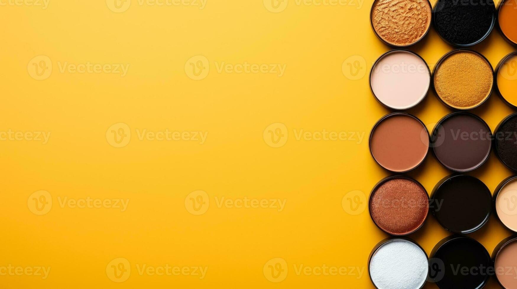 Beauty make up cosmetic women products accessories in line row on a yellow flat lay background photo