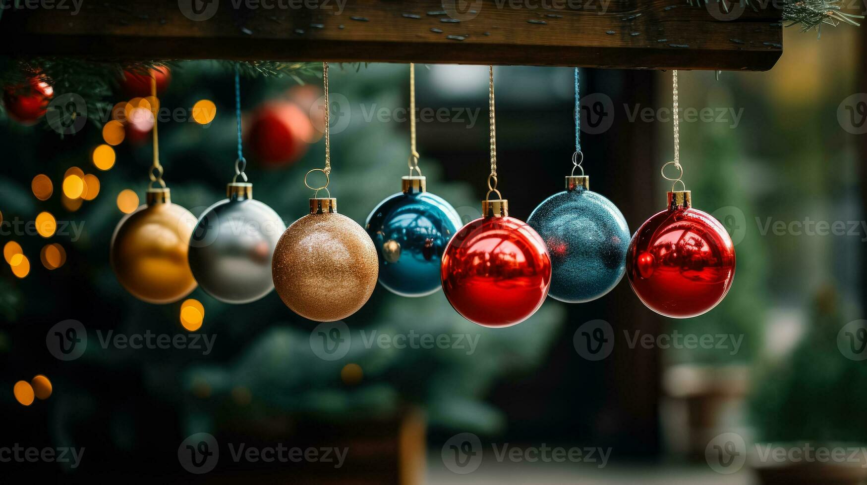 Christmas ornaments delicately hung on a lush green fir tree photo