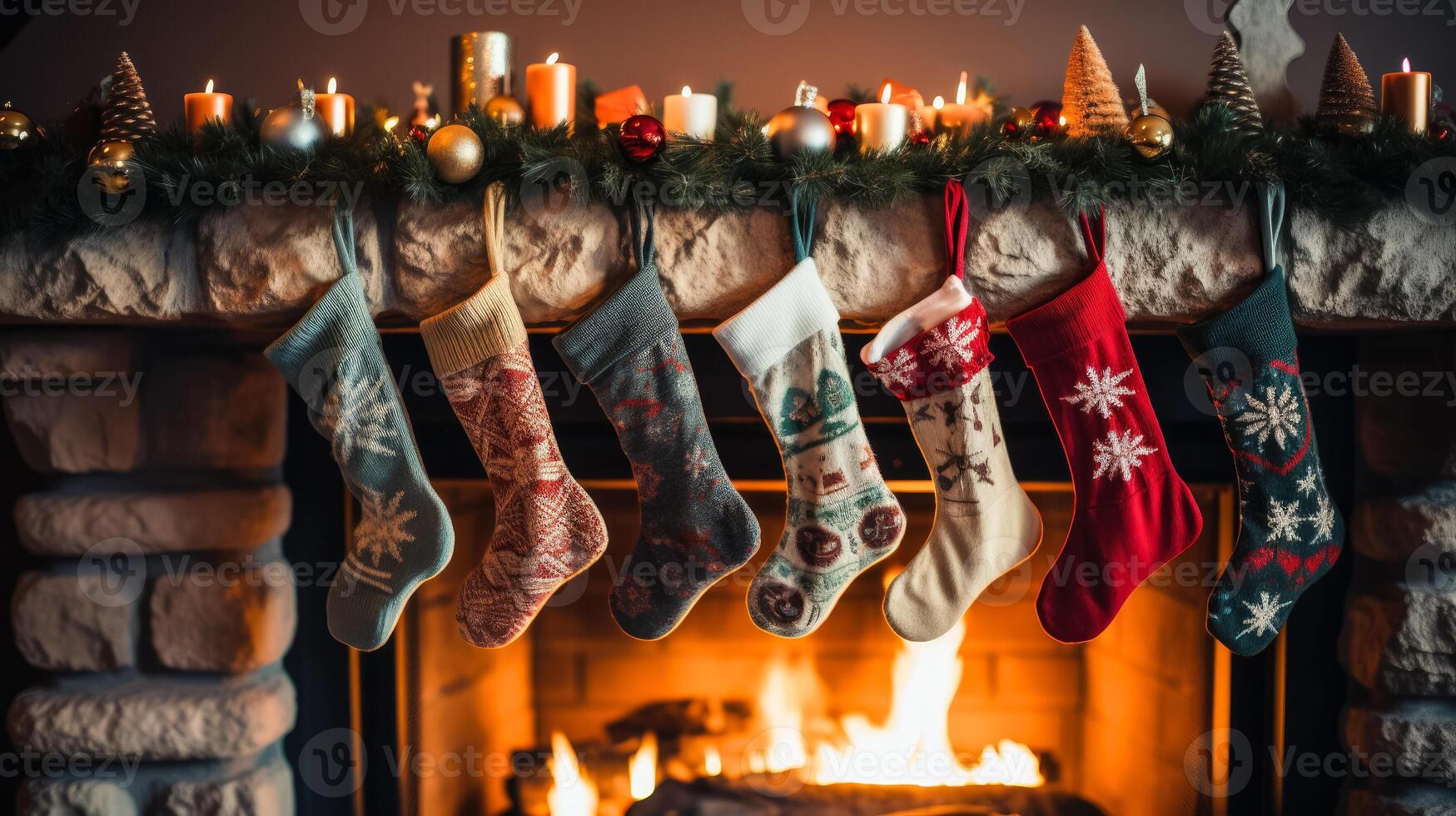 AI generated Christmas socks hanging by fireplace photo