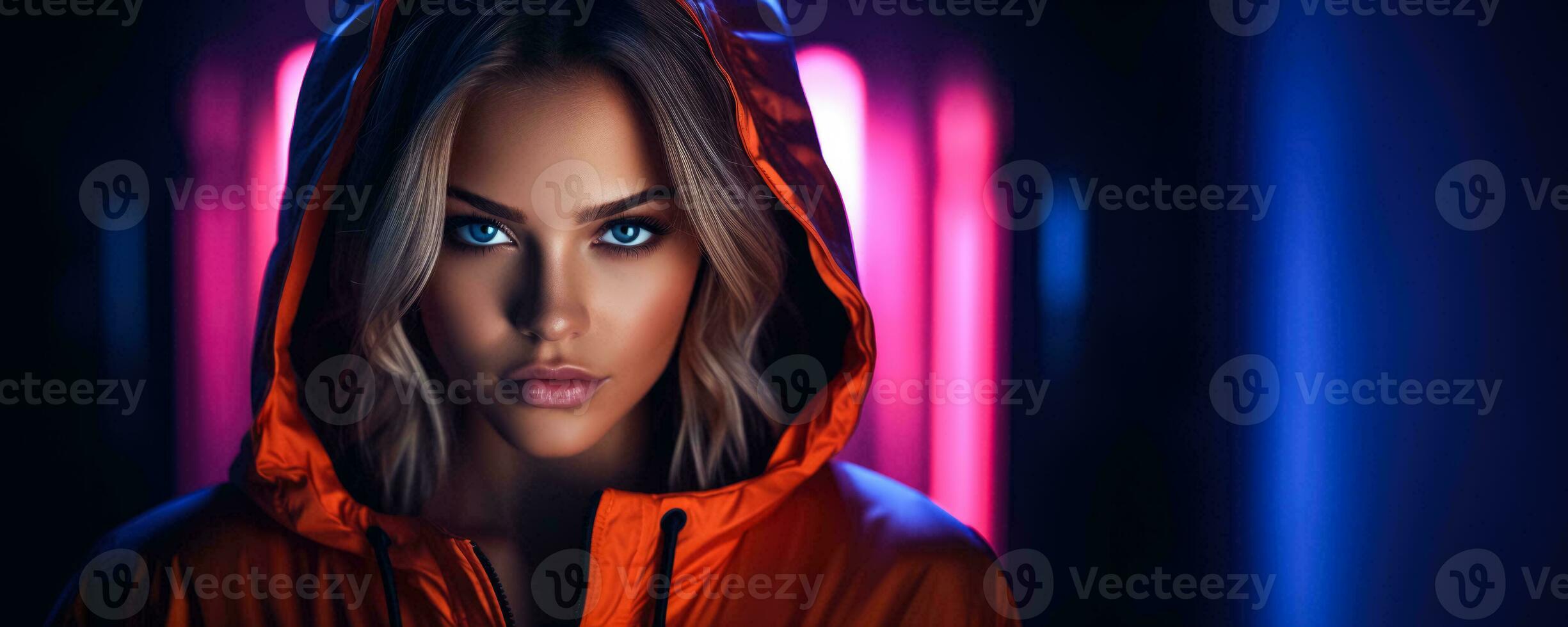 Portrait of young woman in neon on dark studio background black friday concept background with empty space for text photo