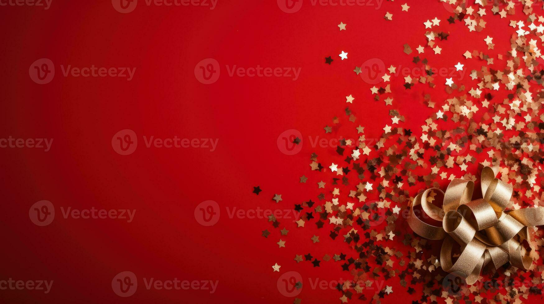 Bottle of champagne with silver confetti on a red background with a place for text photo