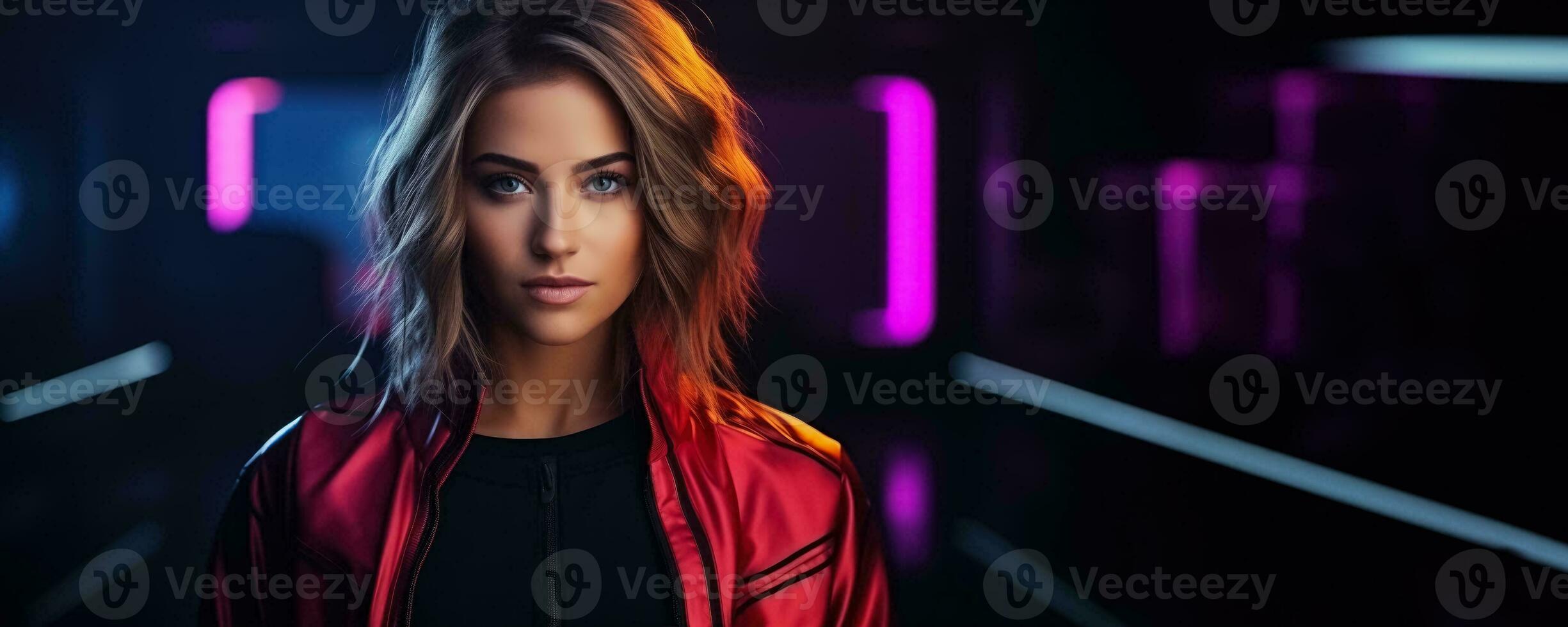 Portrait of young woman in neon on dark studio background cyber monday concept background with empty space for text photo