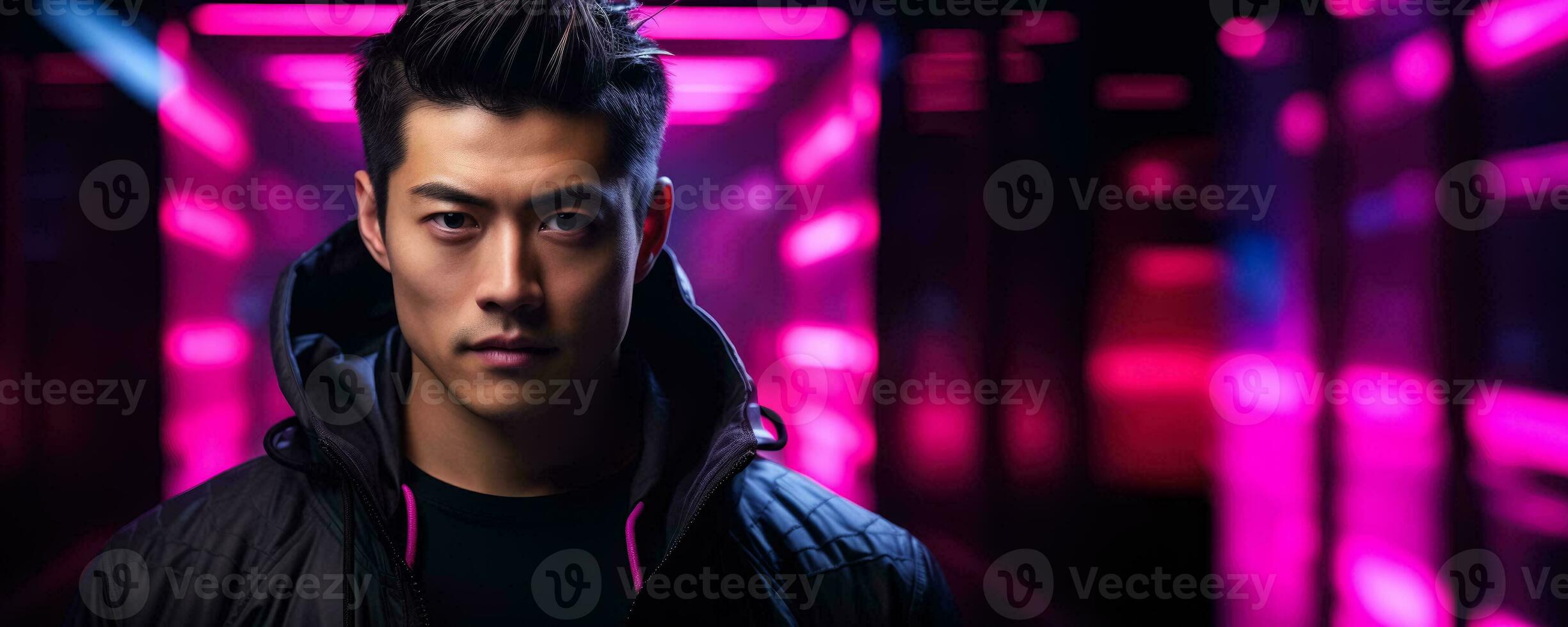 Portrait of a young asian male in neon on a dark studio background cyber monday concept background with empty space for text photo