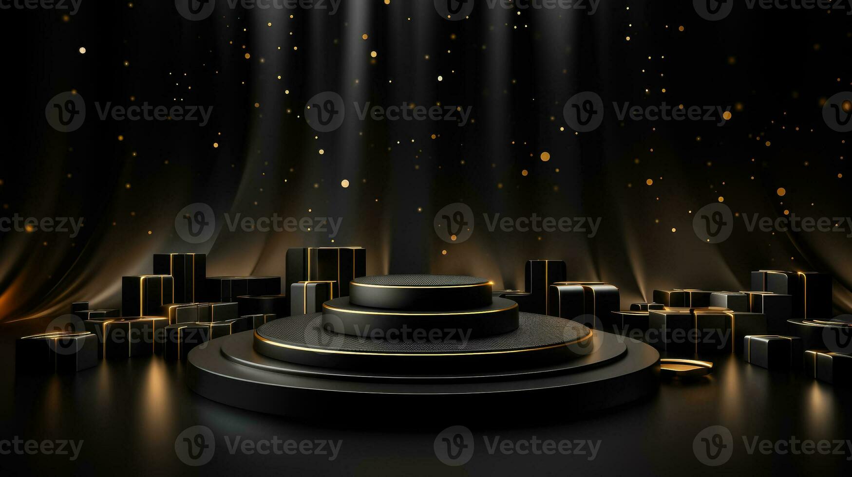 Black friday banner background with a podium platform black and gold stuff on a dark scene for product stand photo