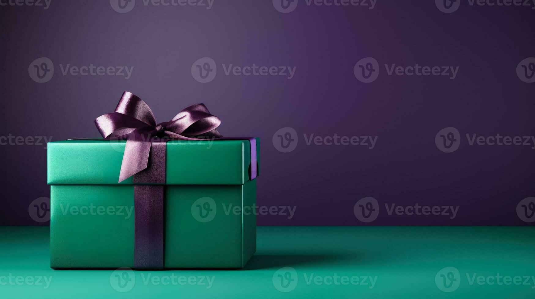 Gift box on a green table on a vivid purple background with empty space for text photo