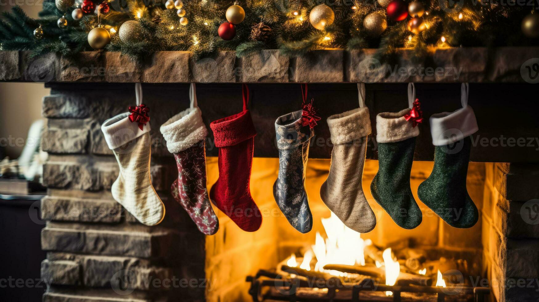 Navidad calcetines colgando por hogar foto