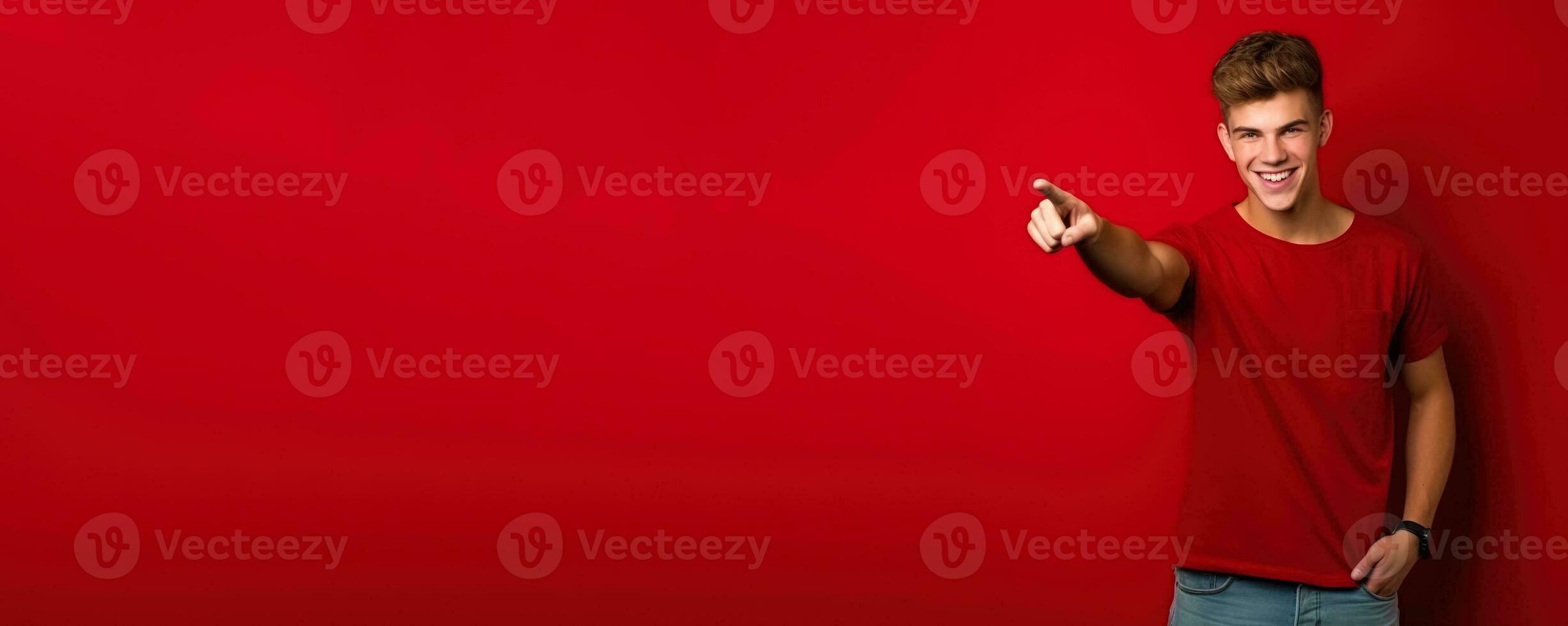 Young man pointing to empty space red background photo