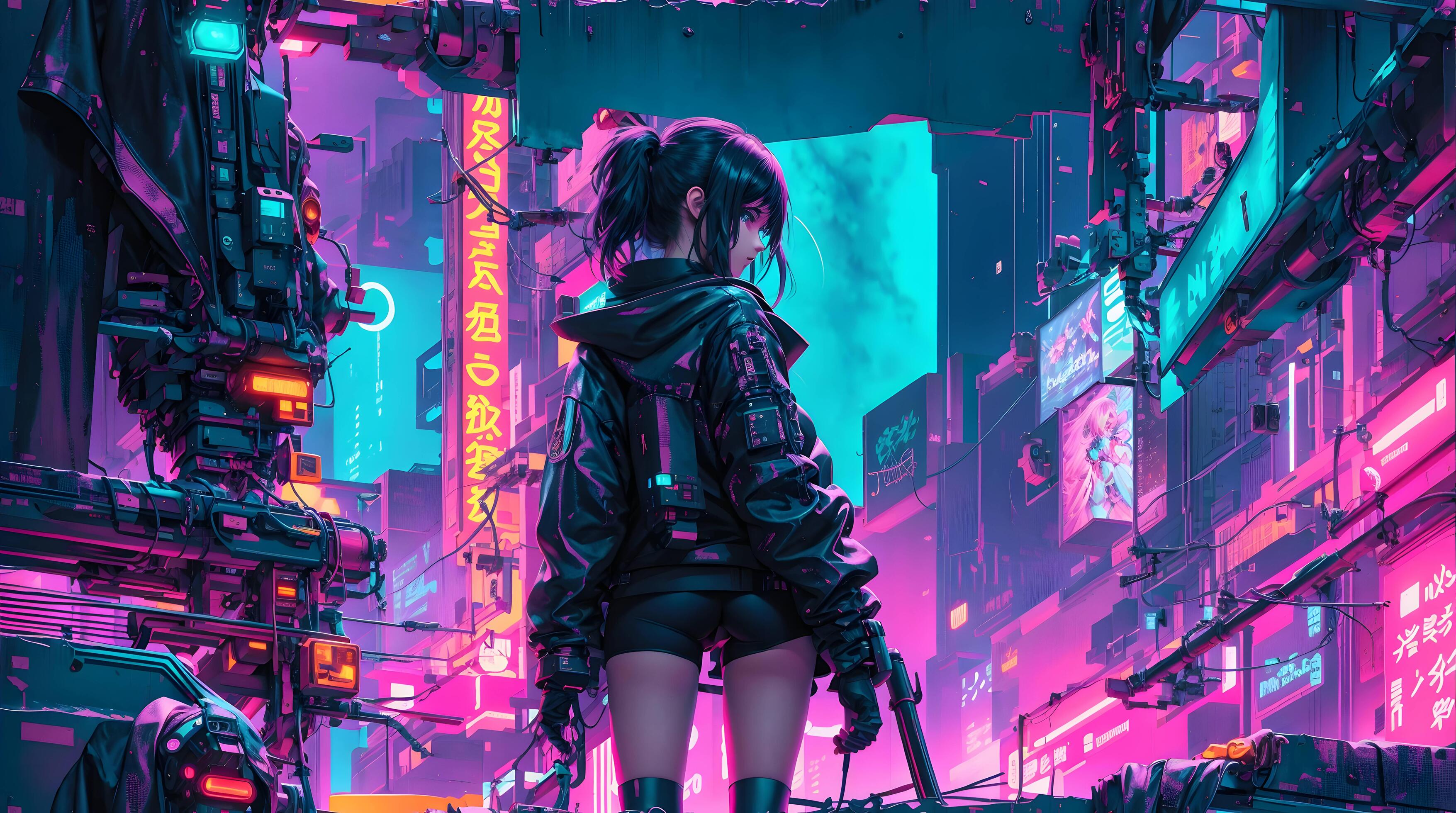 The neon-lit streets of a cyberpunk anime night city with this