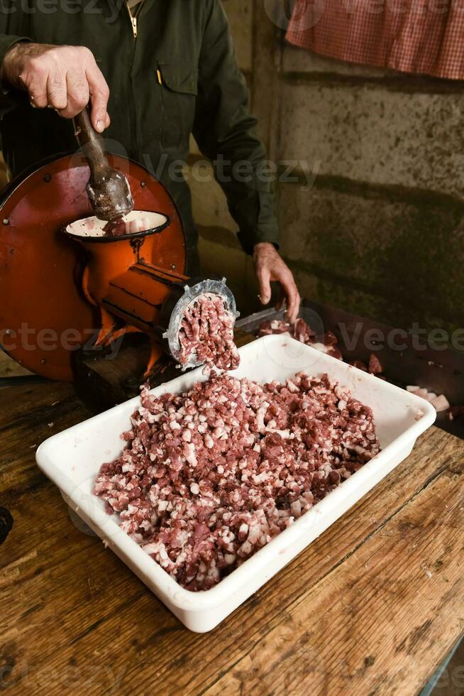 Minced meat, sausage traditional preparation, Pampas, Argentina photo
