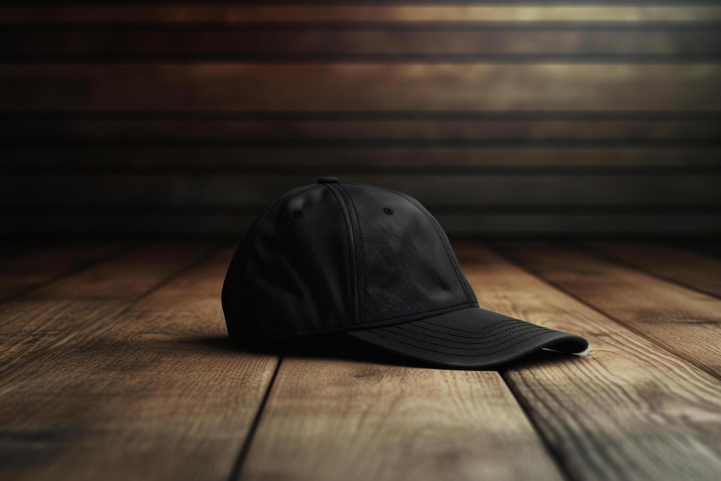 Blank black cap on a wooden floor, mockup concept illustration, Generative AI photo