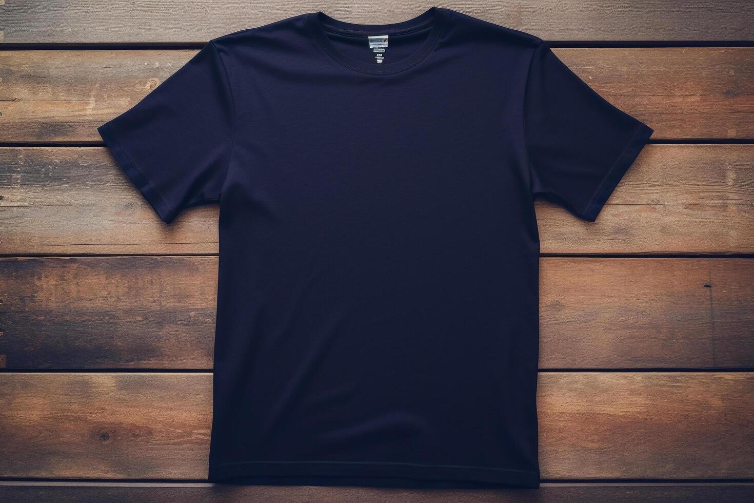 Blank navy blue t-shirt mockup on wooden background, mockup illustration, photo