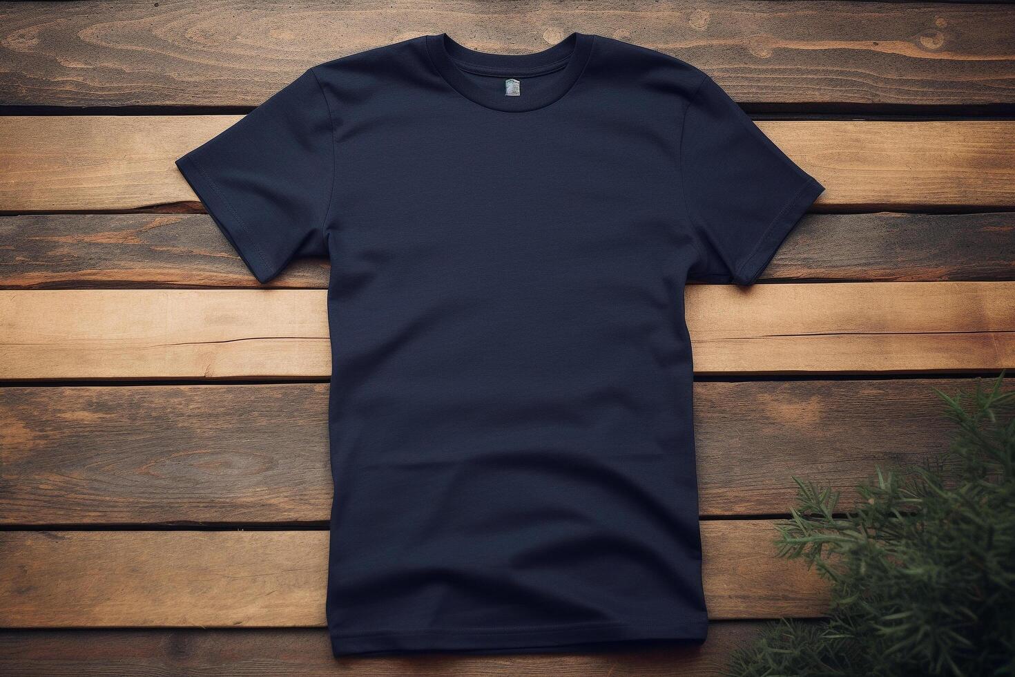Blank navy blue t-shirt mockup on wooden background, mockup illustration, photo