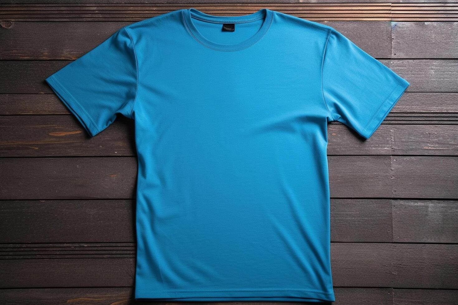 Blank blue t-shirt mockup on black wooden background, mockup illustration, photo