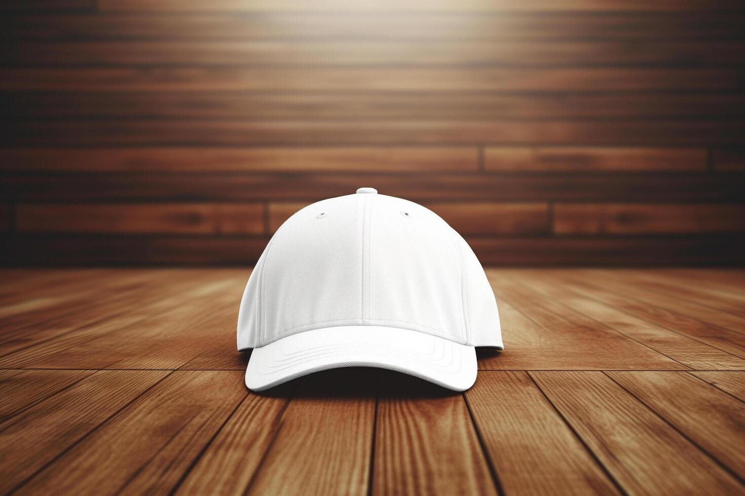 Blank white cap on a wooden floor, mockup concept illustration, photo