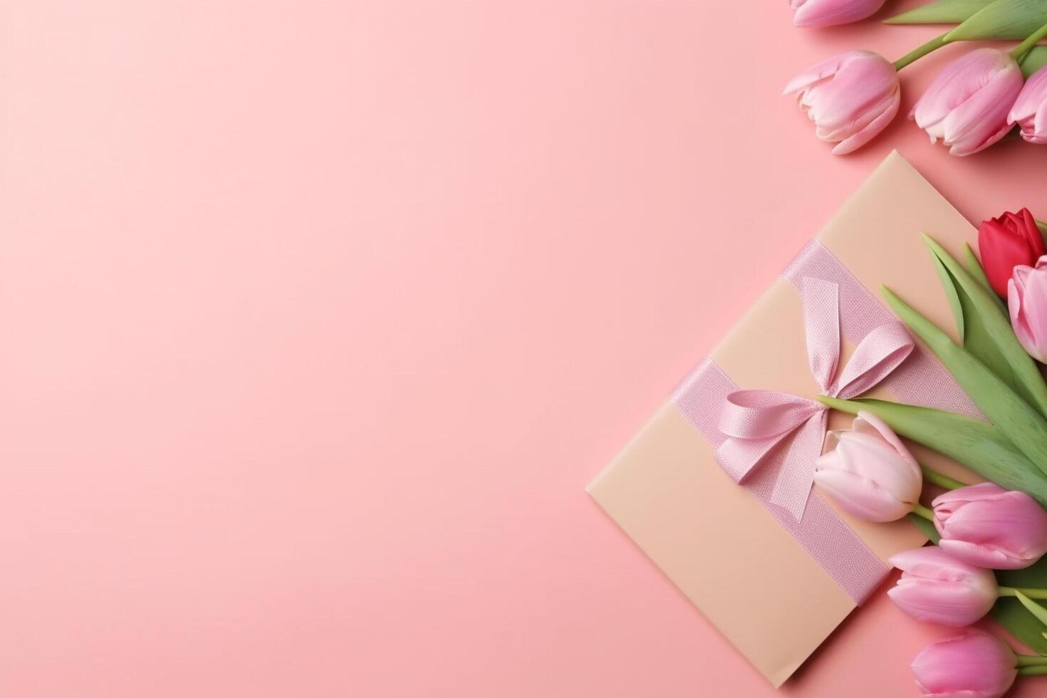 Top view of gift boxes with bows bouquets of tulips envelope with postcard and sprinkles on isolated pastel pink background with copy space, Generative AI photo