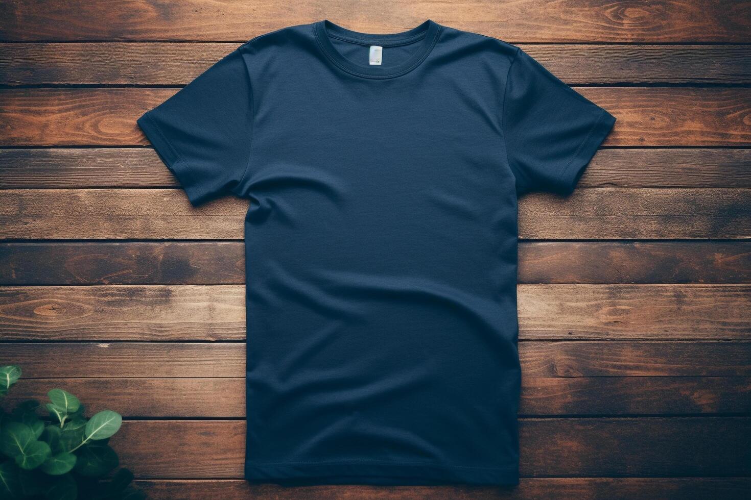 Blank navy blue t-shirt mockup on wooden background, mockup illustration, photo