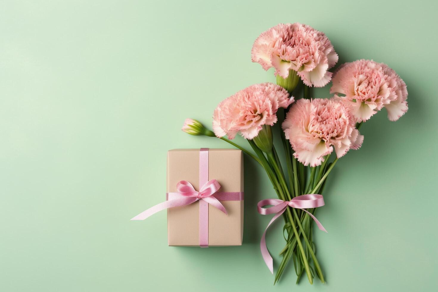 Top view of pink present boxes with ribbon, carnation flowers on a soft pastel green background with copy space, photo