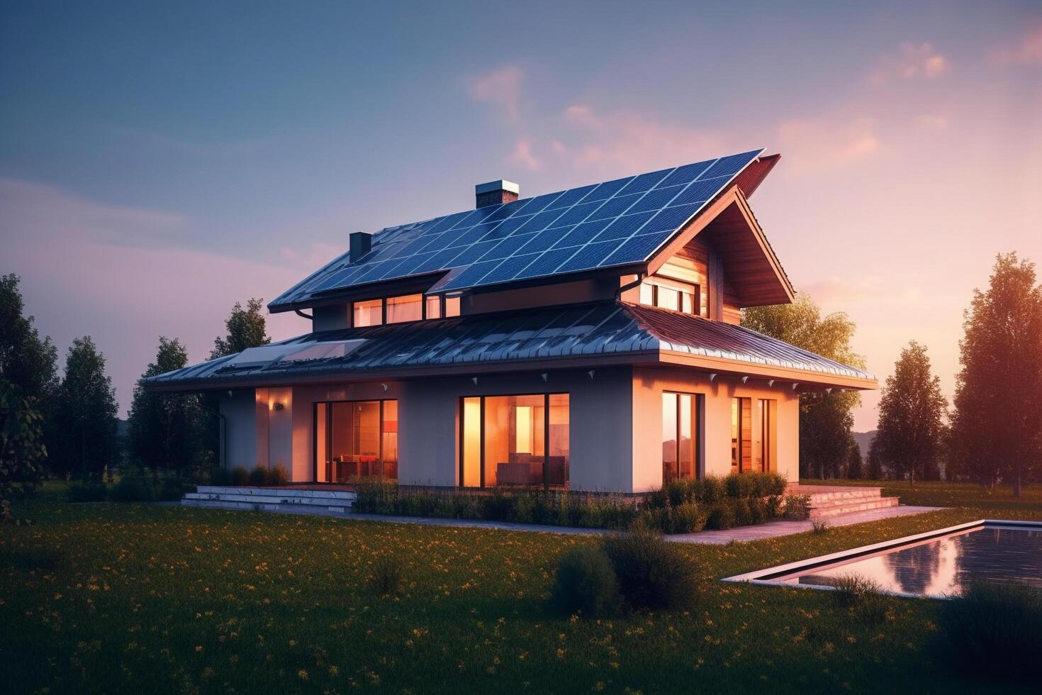 Modern house with solar panels on the roof, beautiful place, photo