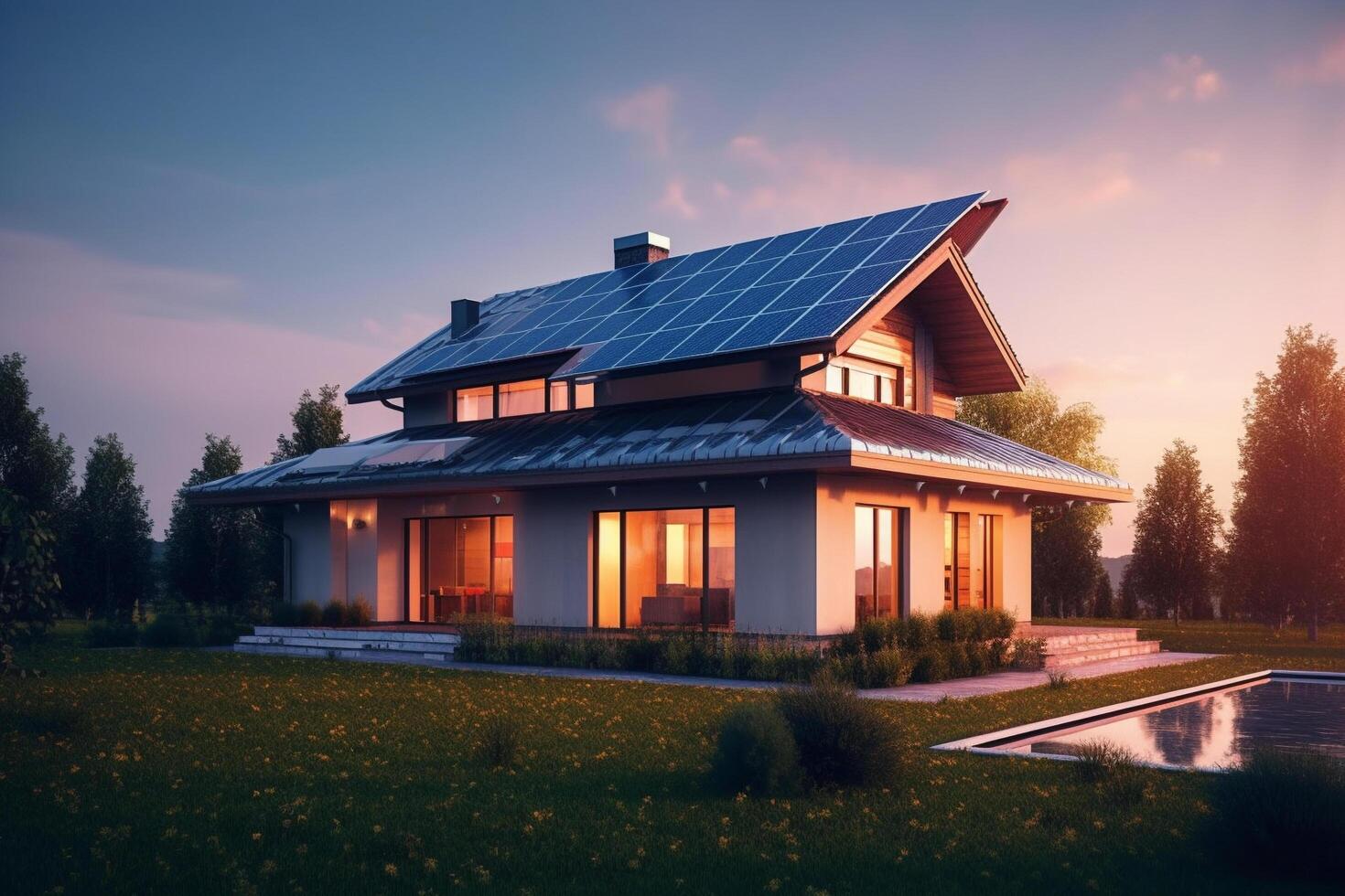 Modern house with solar panels on the roof, beautiful place, Generative AI photo