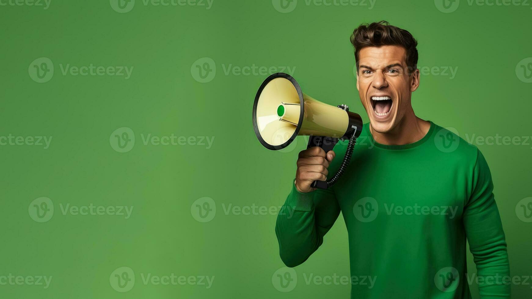 Emotional guy with a megaphone green background with empty space for text photo
