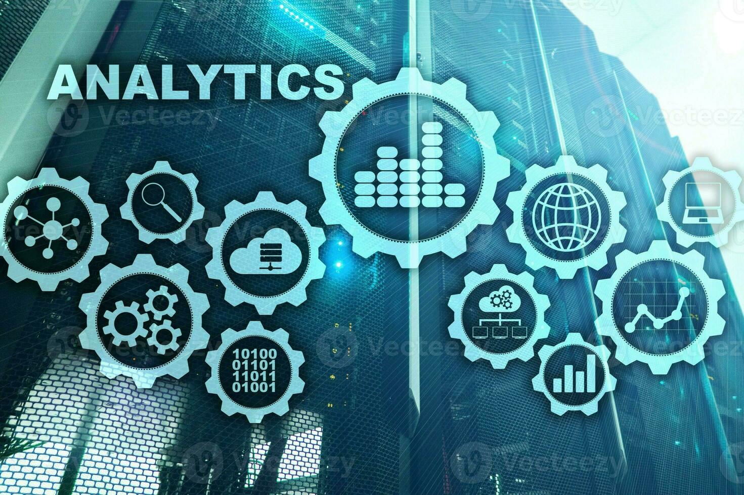 Technology Analytics concept on virtual screen. Big data with graph icons on a digital screen interface and a server room background photo