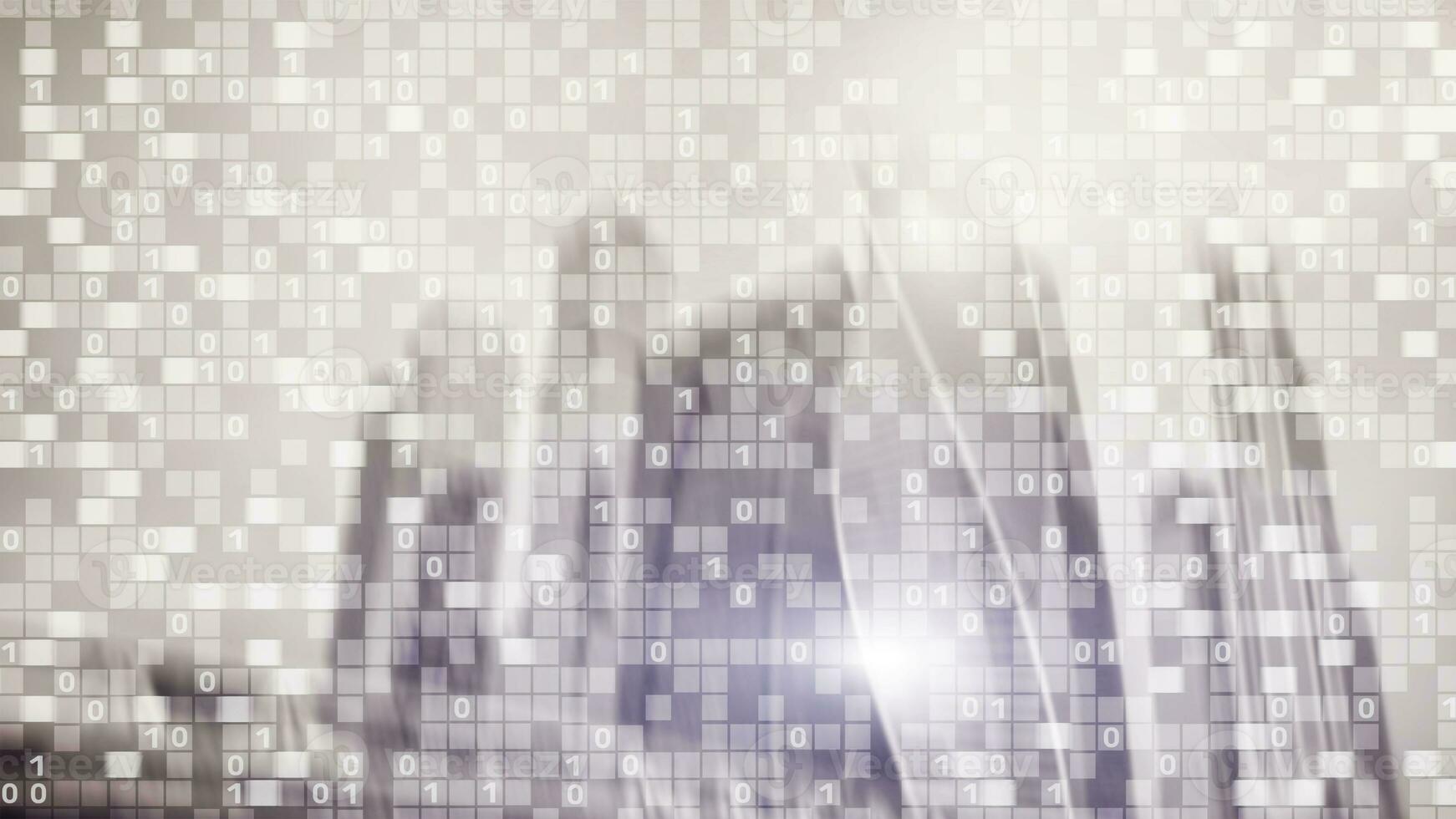 Digital code on blur city background. Abstract Binary code photo