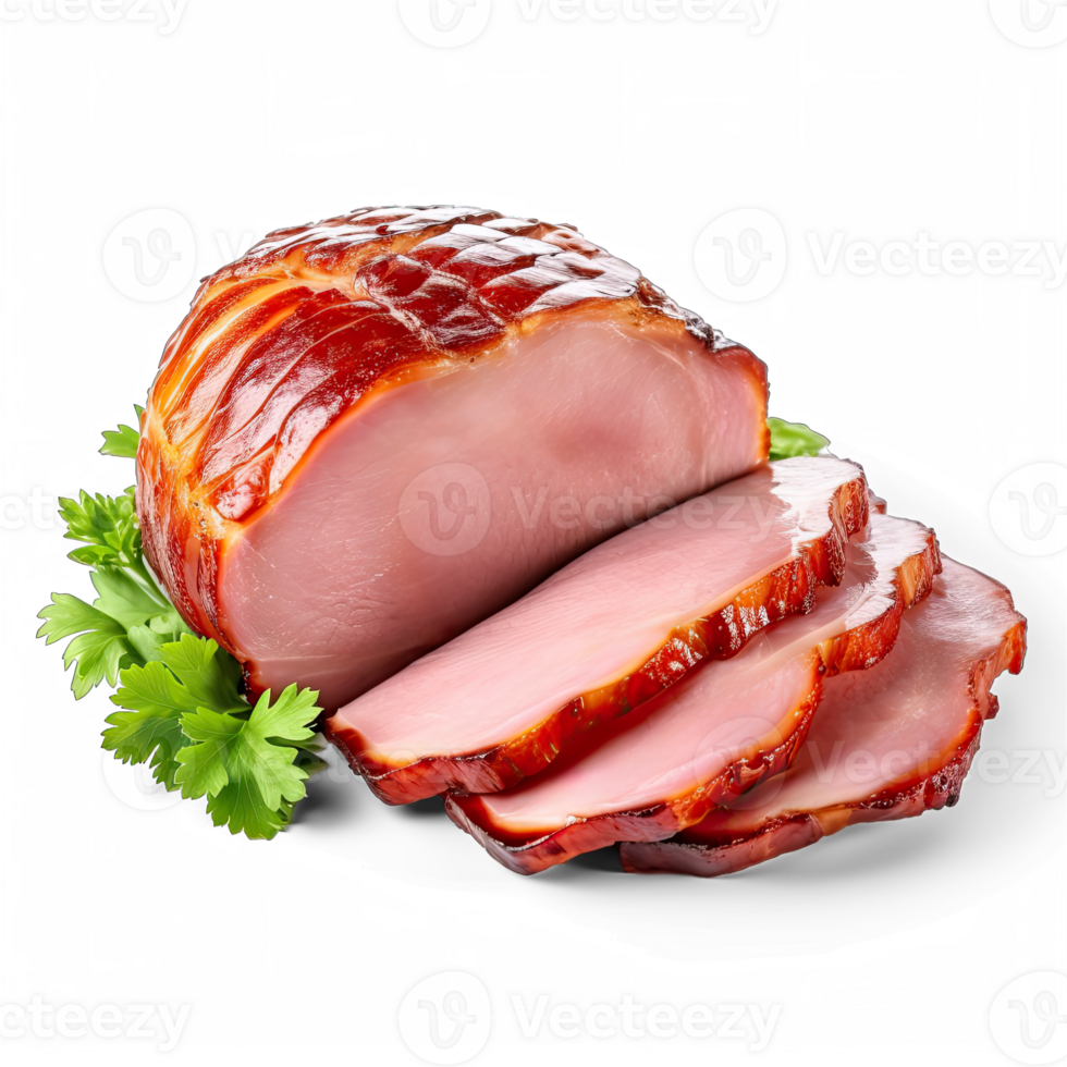 Traditional sliced honey glazed ham isolated on transparent background png
