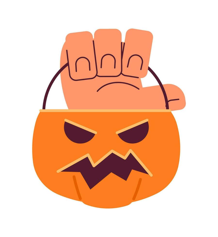 Holding Halloween pumpkin basket semi flat color vector hand. Trick or treat bucket. Jack o lantern. Editable closeup clip art on white. Simple cartoon spot illustration for web graphic design