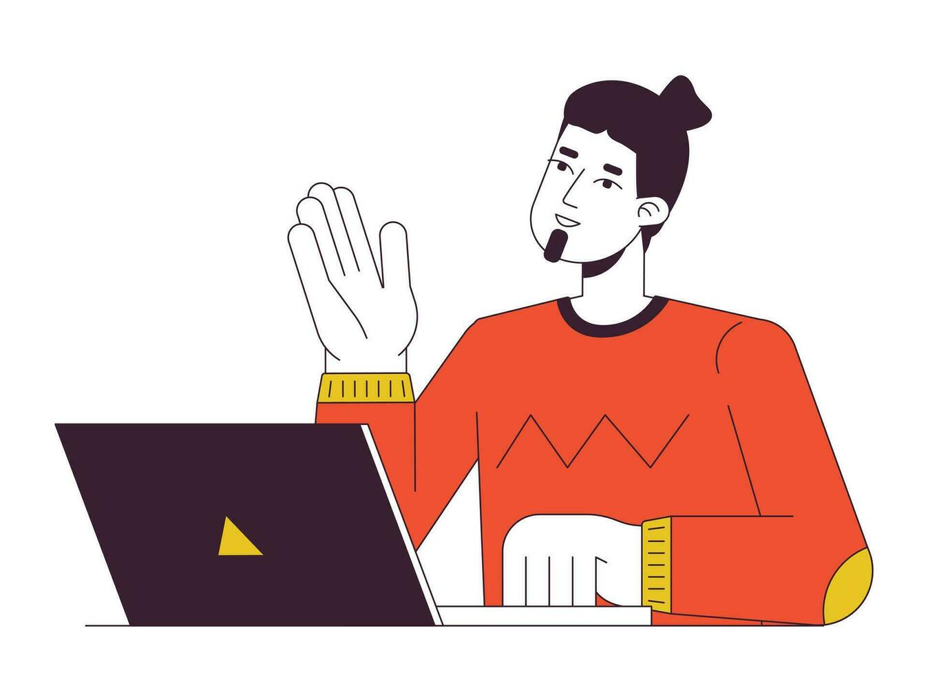 Caucasian man talking with laptop flat line color vector character. Editable outline half body person on white. Participate in virtual meeting simple cartoon spot illustration for web graphic design