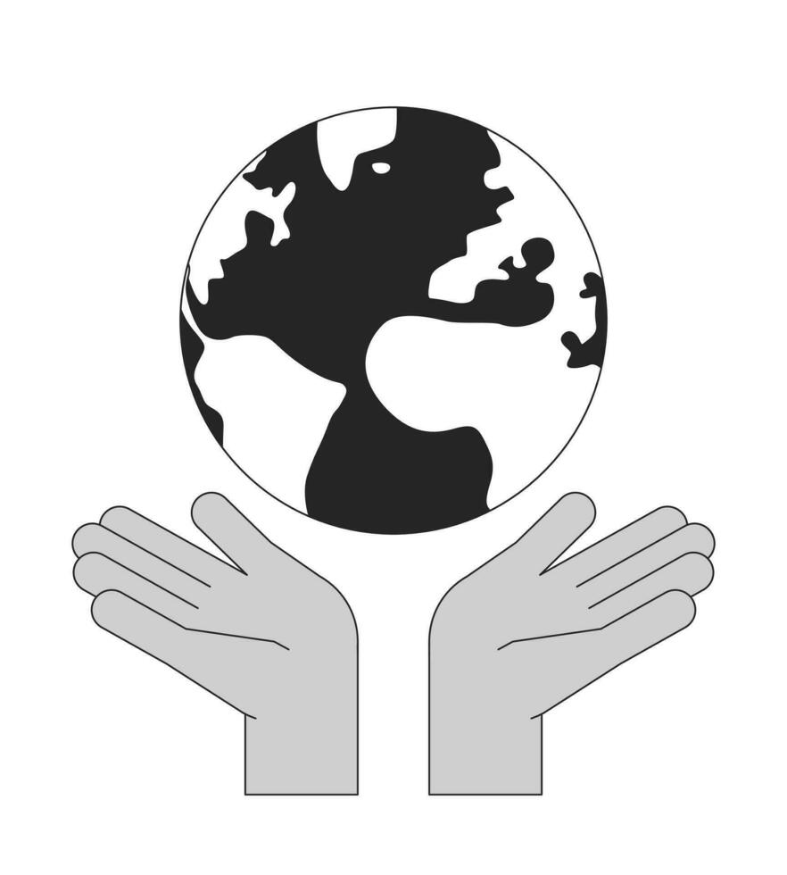 Hands protect earth flat monochrome isolated vector object. Editable black and white line art drawing. Simple outline spot illustration for web graphic design