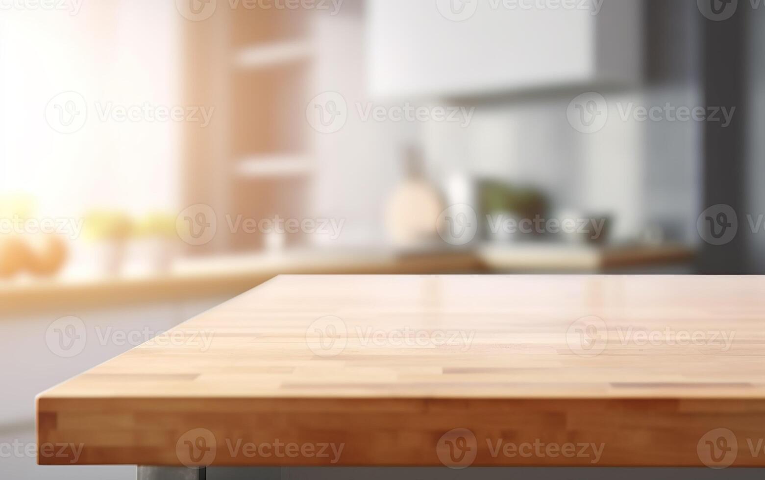 Table in a kithen with blur background. AI, photo