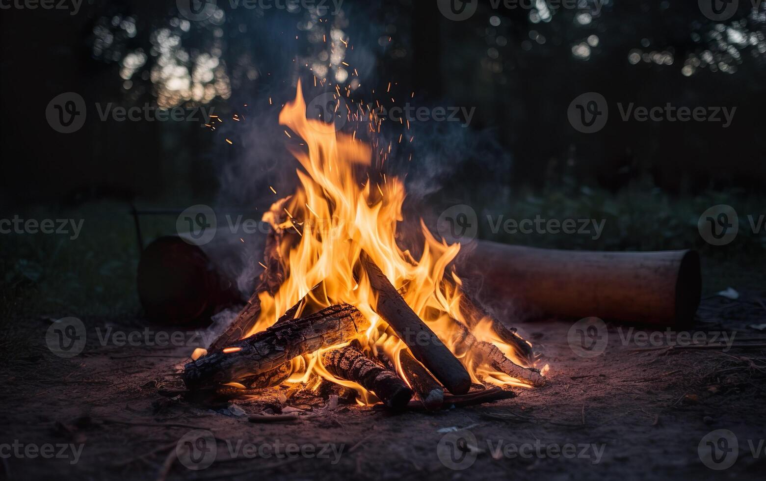 Campfire with logs against the background of the evening forest. AI, photo