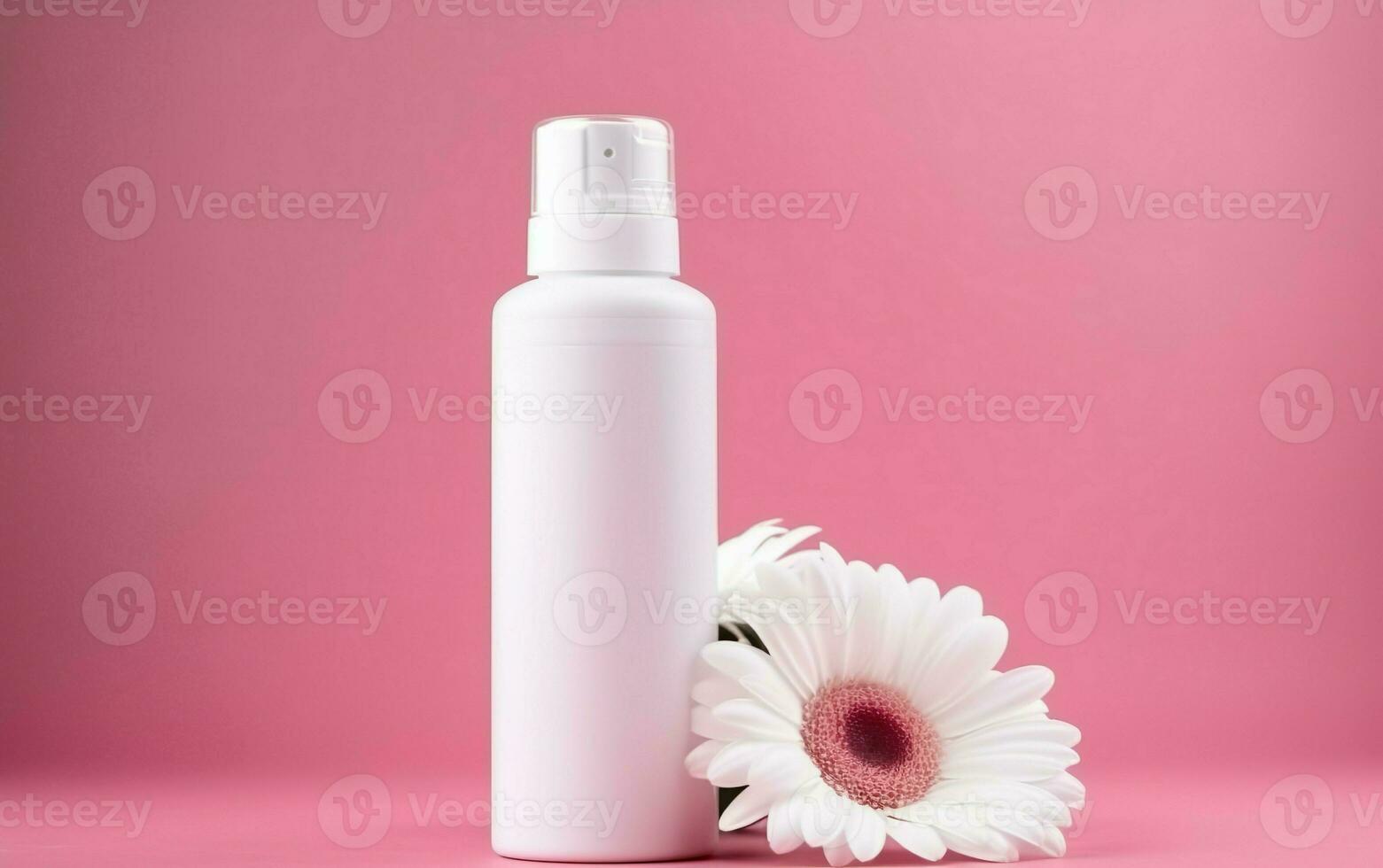 White cosmetic bottle with white flower on pink background photo