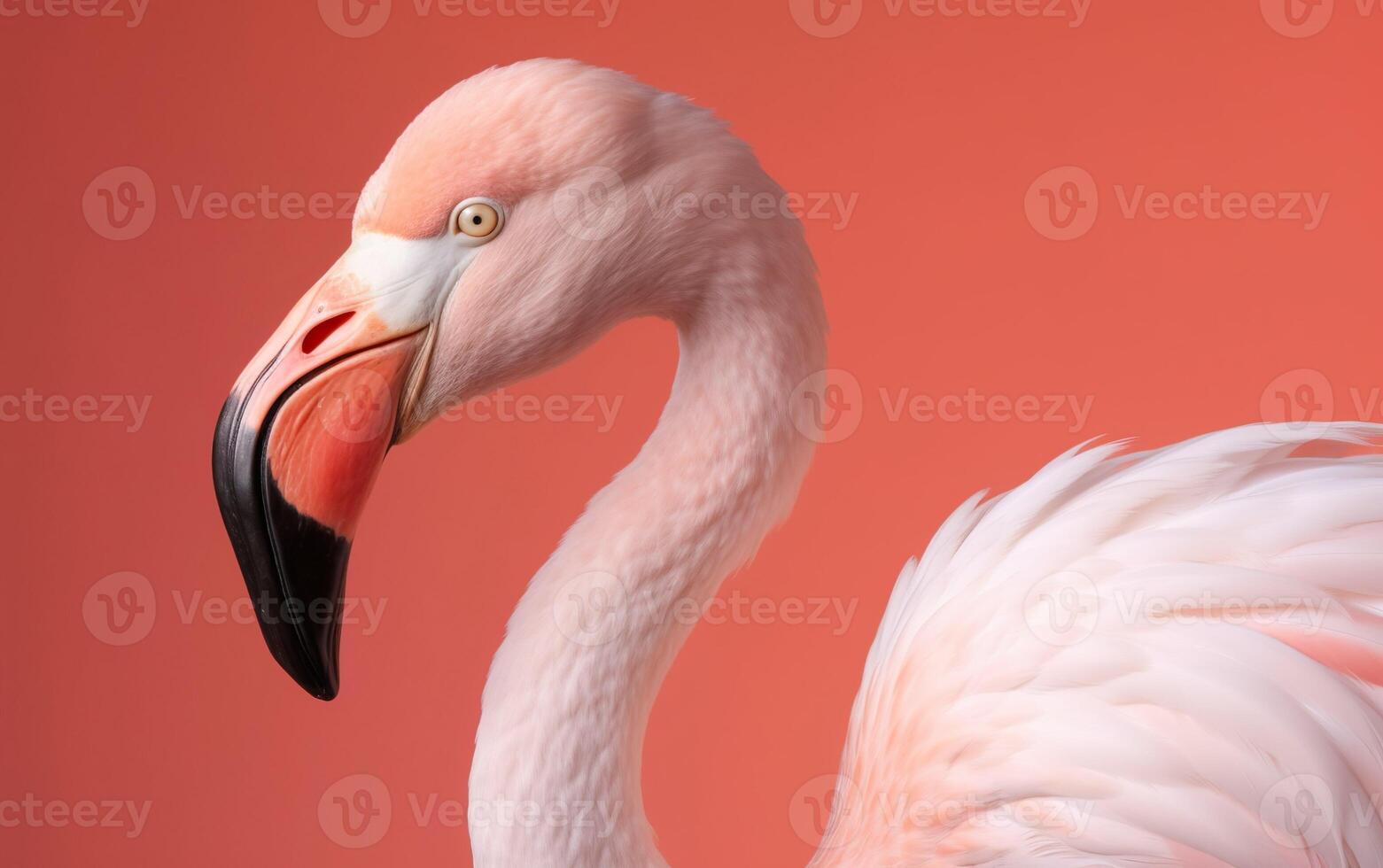 Close up of a flamingo on pink background. AI, photo