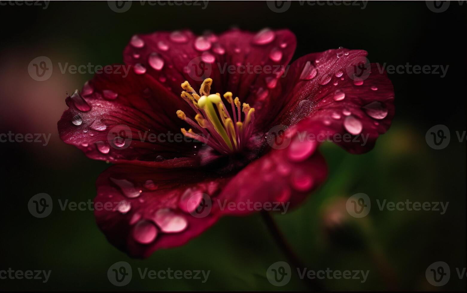 Red-purple flower of dew coating on the background of grass. AI, photo