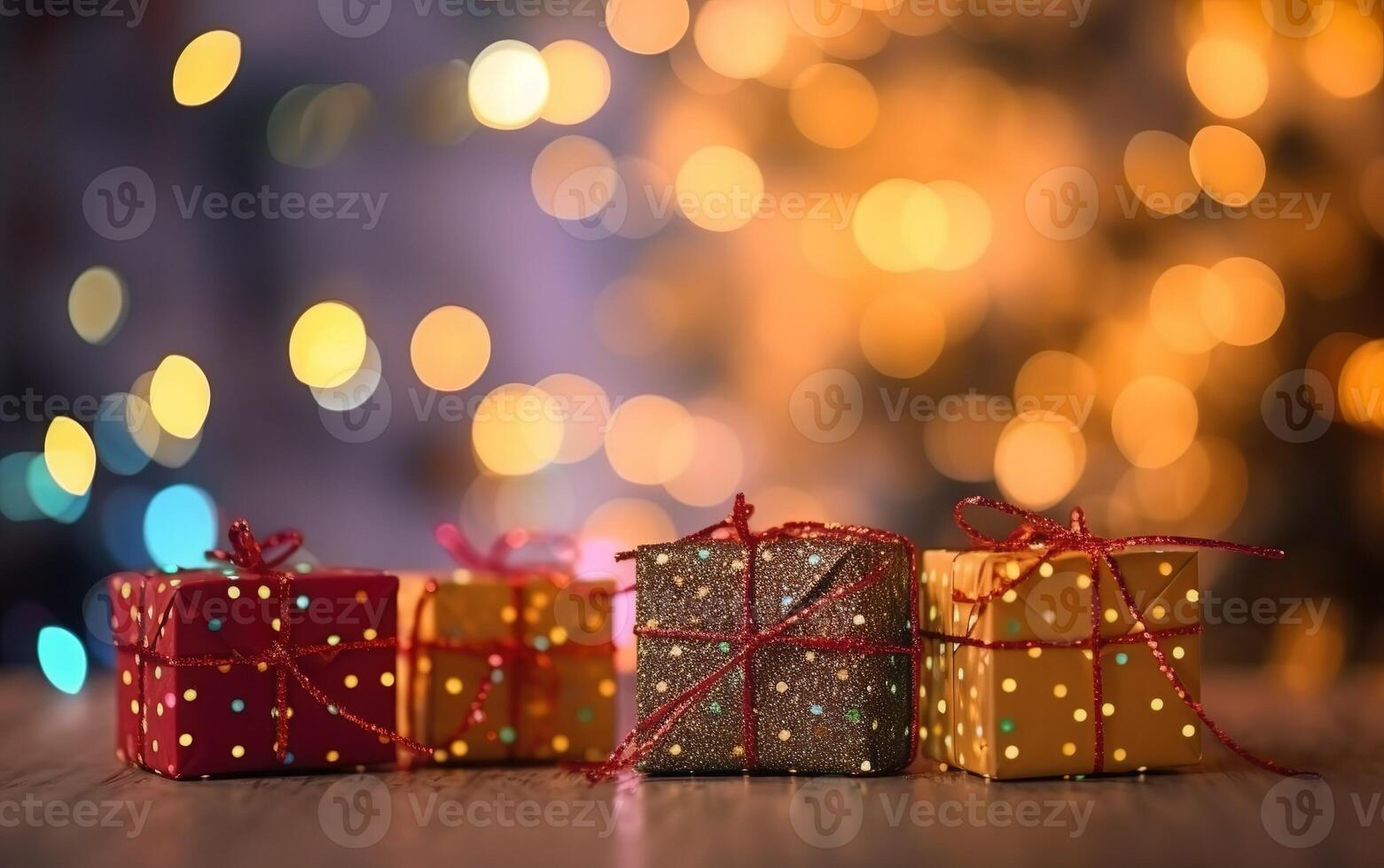 Gifts wrapped in shiny paper, on a background of lights garlands. AI, photo