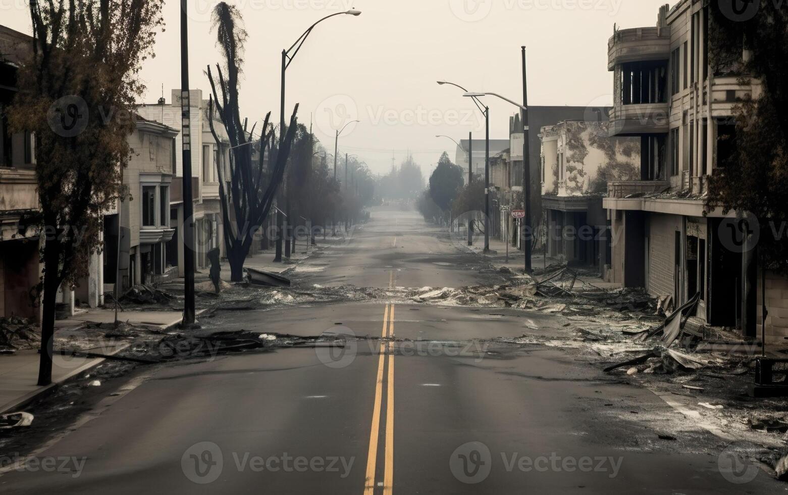 A road in a dilapidated smoky city with burned-out buildings. AI, photo