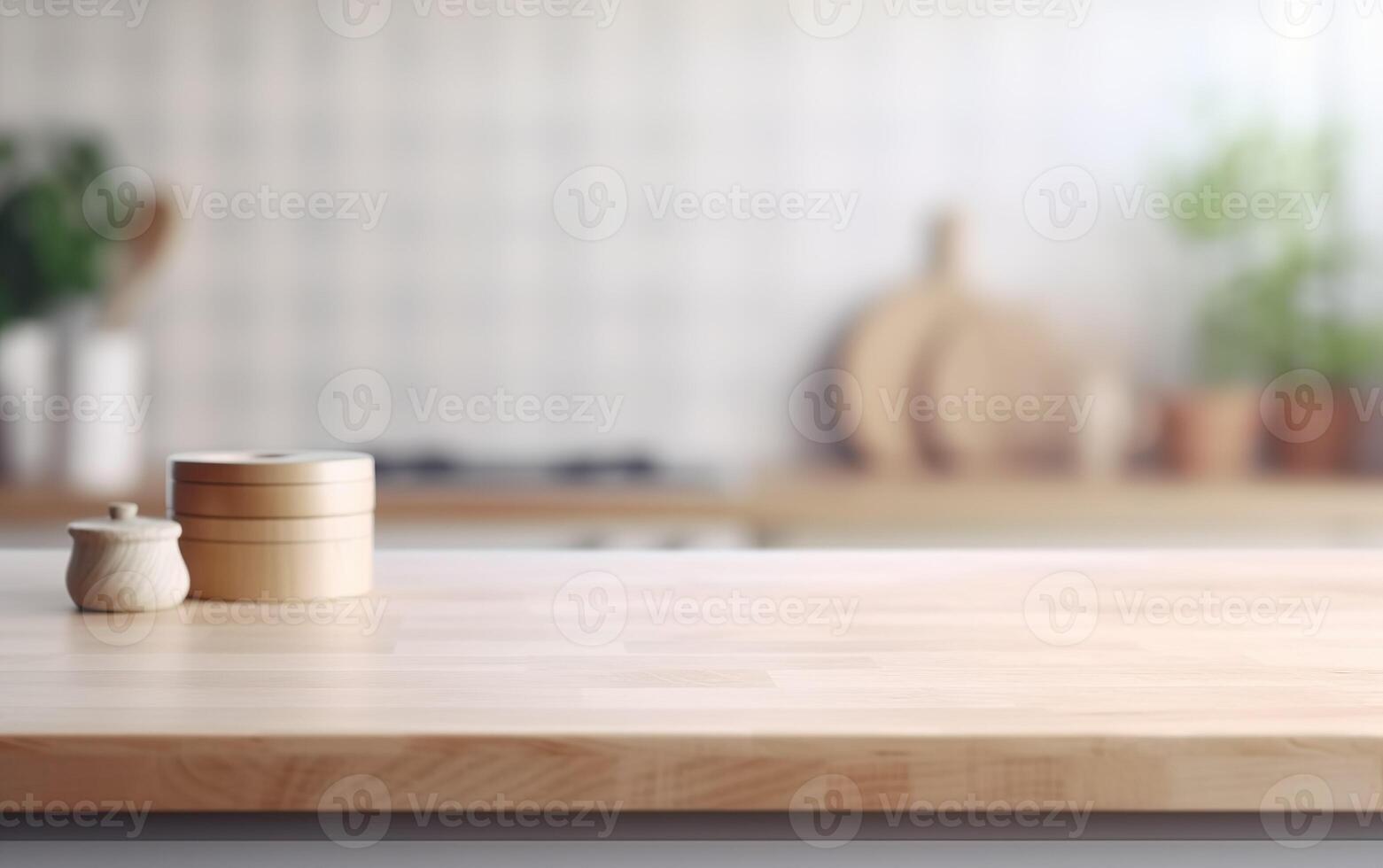 Wooden jars on a wooden table in the kitchen. AI, photo
